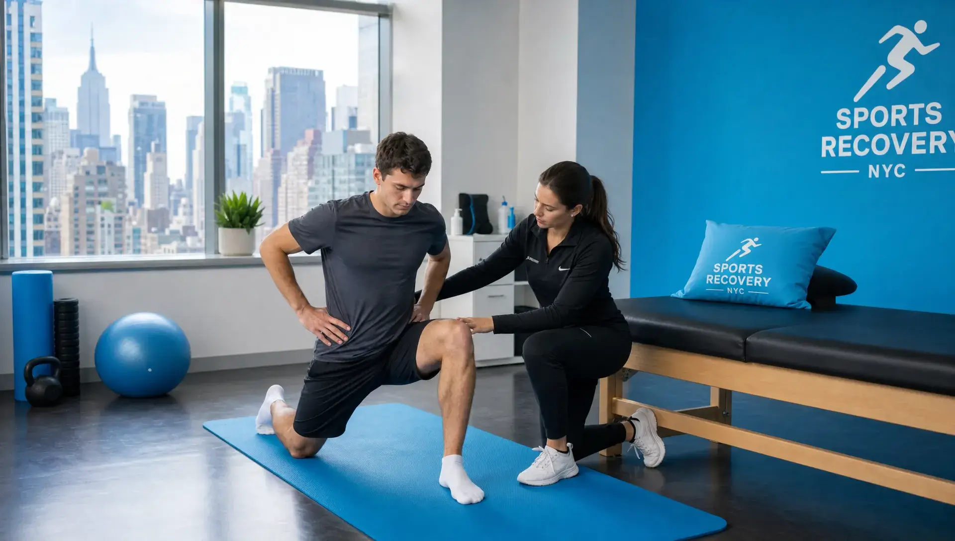 Sports Chiropractic & Massage: A Recovery Plan That Makes Sense 1 An athlete performs a guided hip mobility drill beside a treatment table in a Manhattan sports recovery room.
