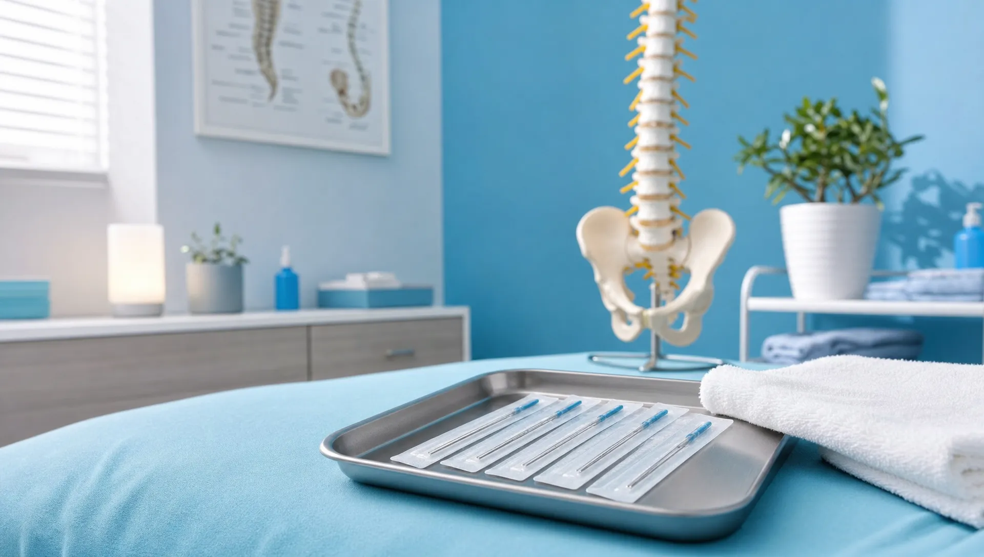 Acupuncture for Pain: When It May Be Worth Trying 1 Sterile acupuncture needles sit on a tray beside an anatomical spine model and a folded towel in a treatment room.