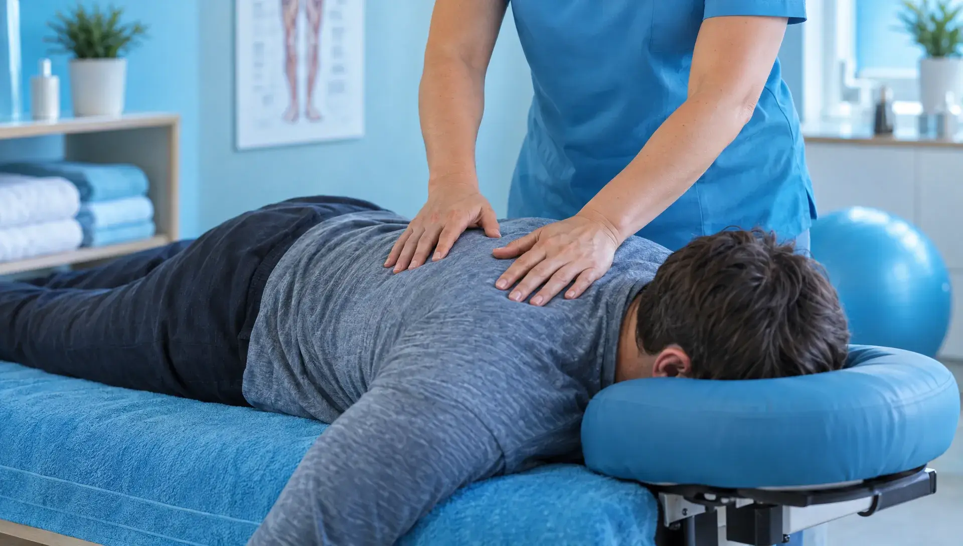 Massage Therapy in Chiropractic Office: Benefits and Safety 1 A massage therapist’s hands apply gentle pressure to a fully clothed adult’s upper back as the patient lies face down on a treatment table with a supported face cradle in a clinic treatment room.
