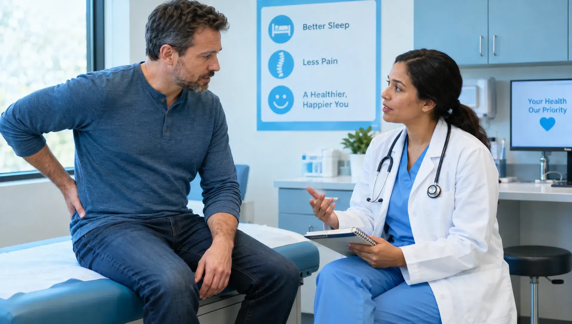 Chiropractor Anxiety and Depression: What Care Can and Cannot Do 1 A patient and clinician discuss back pain, sleep, and mood concerns beside a notebook during an examination-room visit.