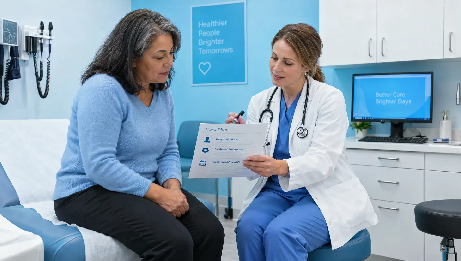 How to Find a Chiropractor Who Matches Your Needs 1 A patient and clinician review a paper care brief in an examination room, discussing daily limitations, treatment preferences and appointment availability.