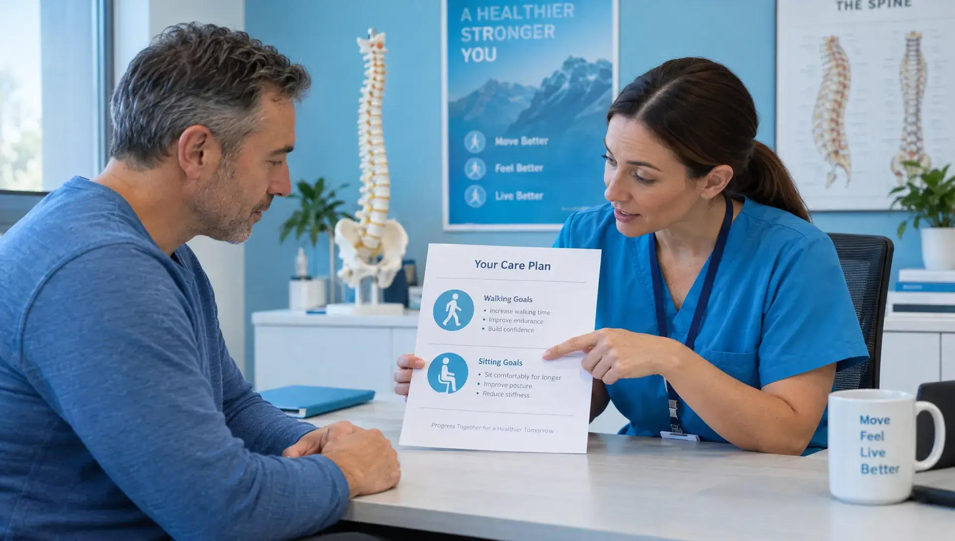 How to Choose Massage and Chiropractor Care for Pain 1 A patient and clinician review a printed care plan and discuss walking and sitting goals beside a spine model in a consultation room.