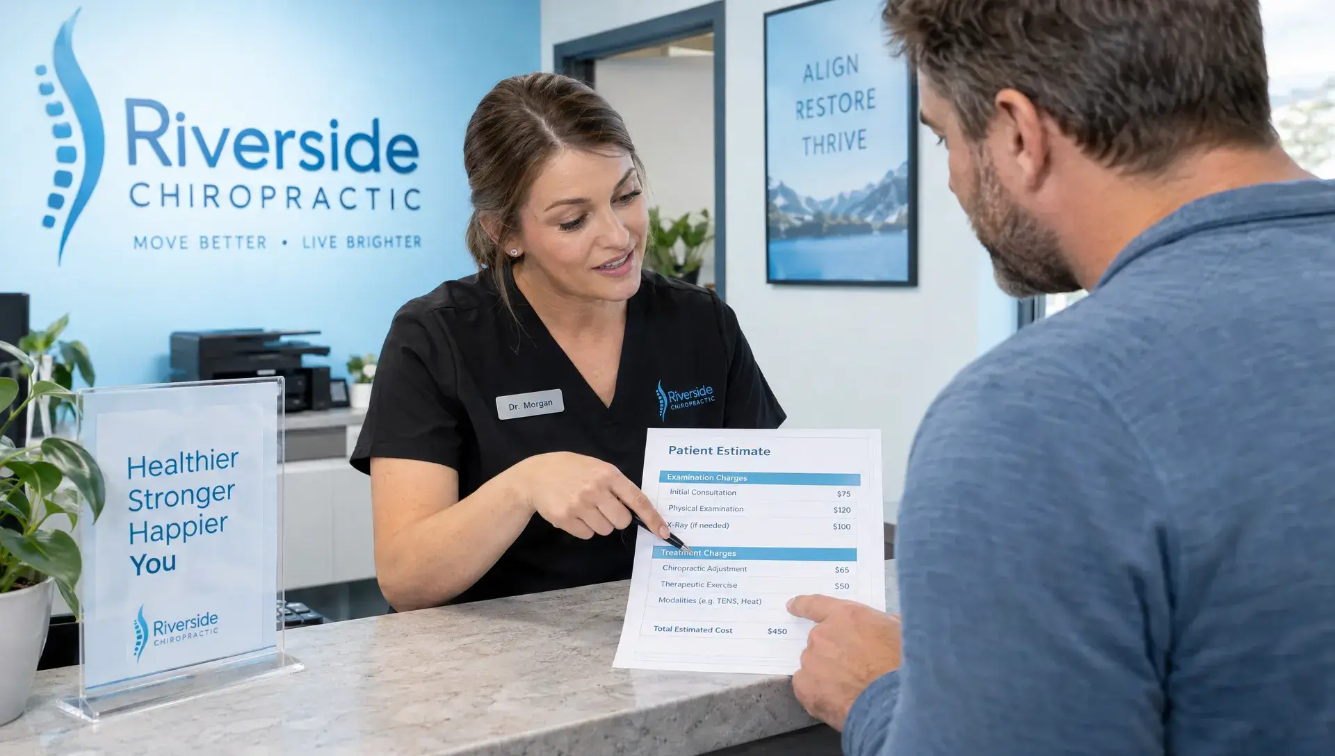Same-Day Chiropractors: What to Check Before You Book 1 A patient points to a printed estimate while a chiropractor explains examination and treatment charges at a clinic counter.
