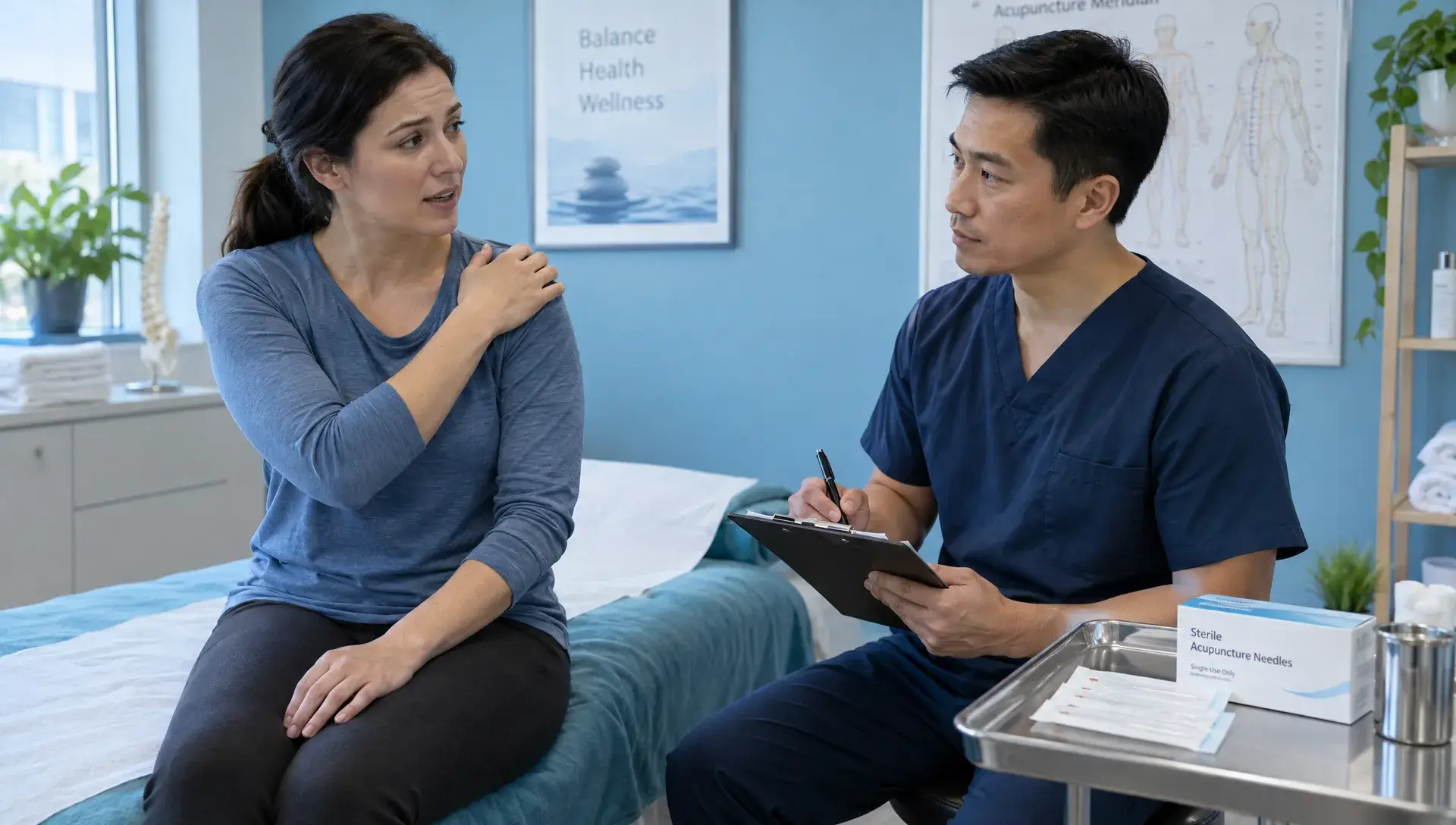 Acupuncture Upper East Side New York: Finding the Right Fit 1 A practitioner listens as a patient describes shoulder discomfort during an acupuncture consultation beside an examination table, with unopened needle packaging nearby.