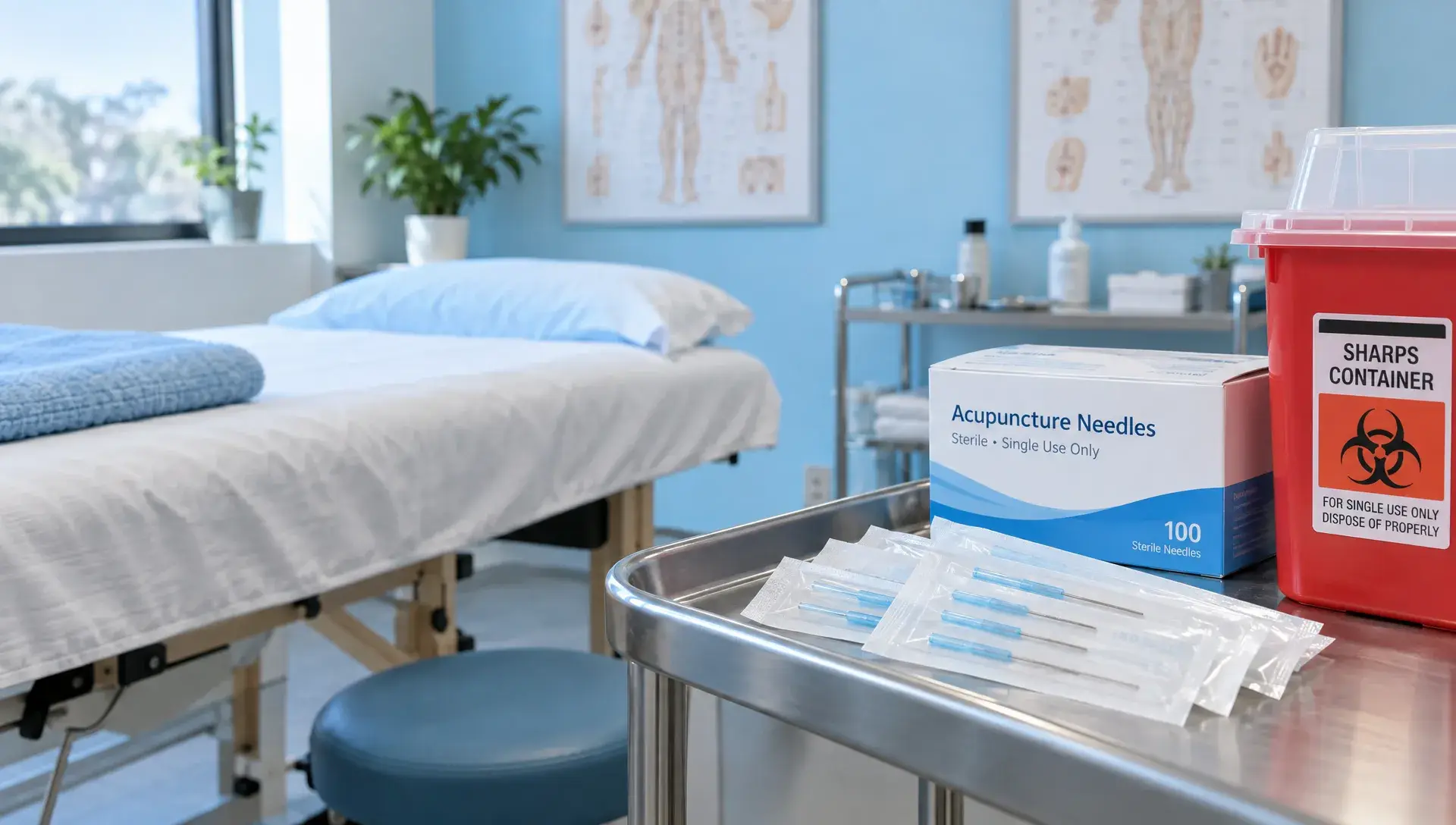 A treatment table stands beside sealed single-use acupuncture needles and a sharps container in a clinic room.