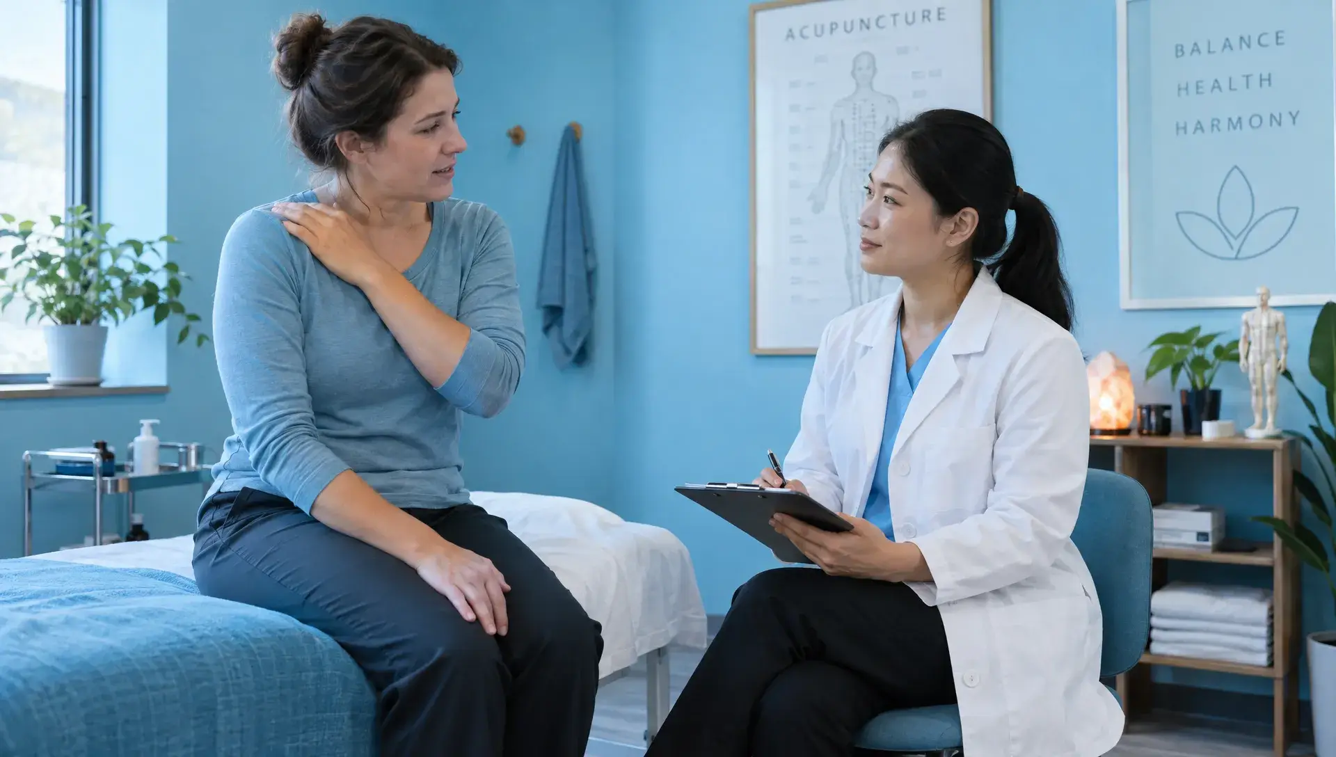 Hima Acupuncture Flatiron: How to Compare Local Care Options 1 An adult in comfortable work clothes discusses shoulder discomfort with an acupuncture practitioner seated nearby in a private treatment room.