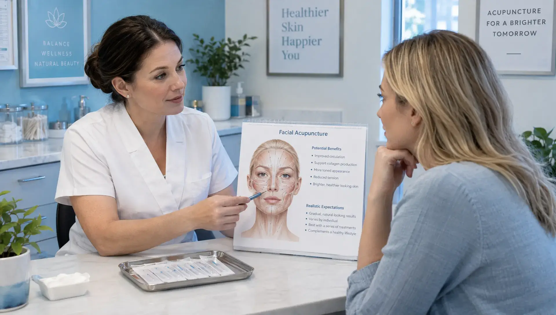 An adult practitioner and patient review realistic cosmetic acupuncture expectations in a consultation room, with sealed needles and a facial anatomy reference on the counter.