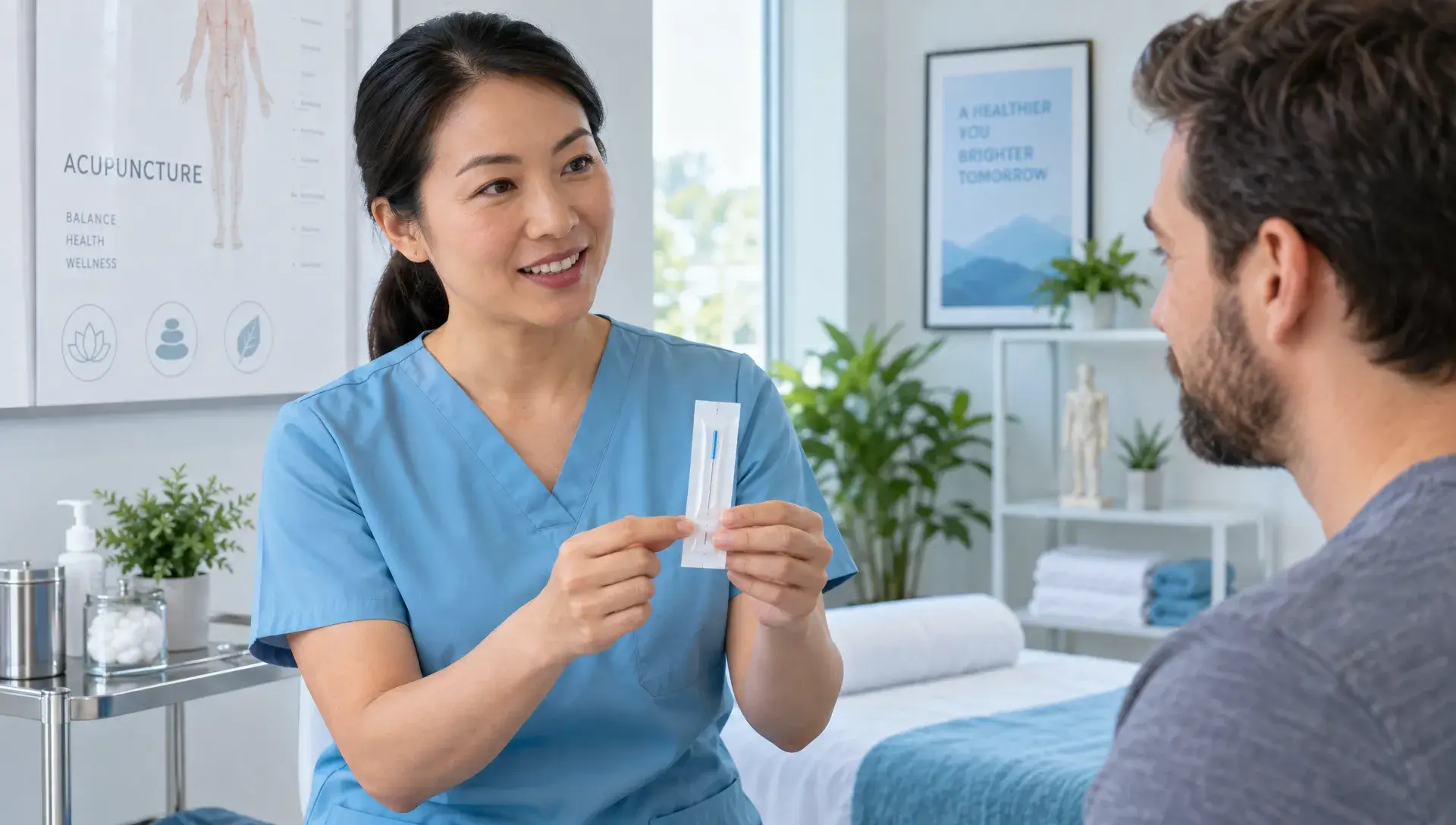 Acupuncture Elmhurst NY: Safety, Costs, and What to Expect 1 An adult practitioner shows a sealed single-use acupuncture needle packet to an adult patient seated in a clean treatment room.