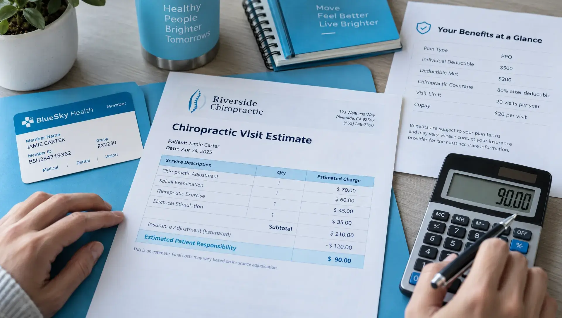 How to Find a Chiropractor With Insurance and Avoid Surprise Bills 1 An insurance card, itemized chiropractic visit estimate, benefit notes and calculator arranged on a desk as a patient checks expected costs.